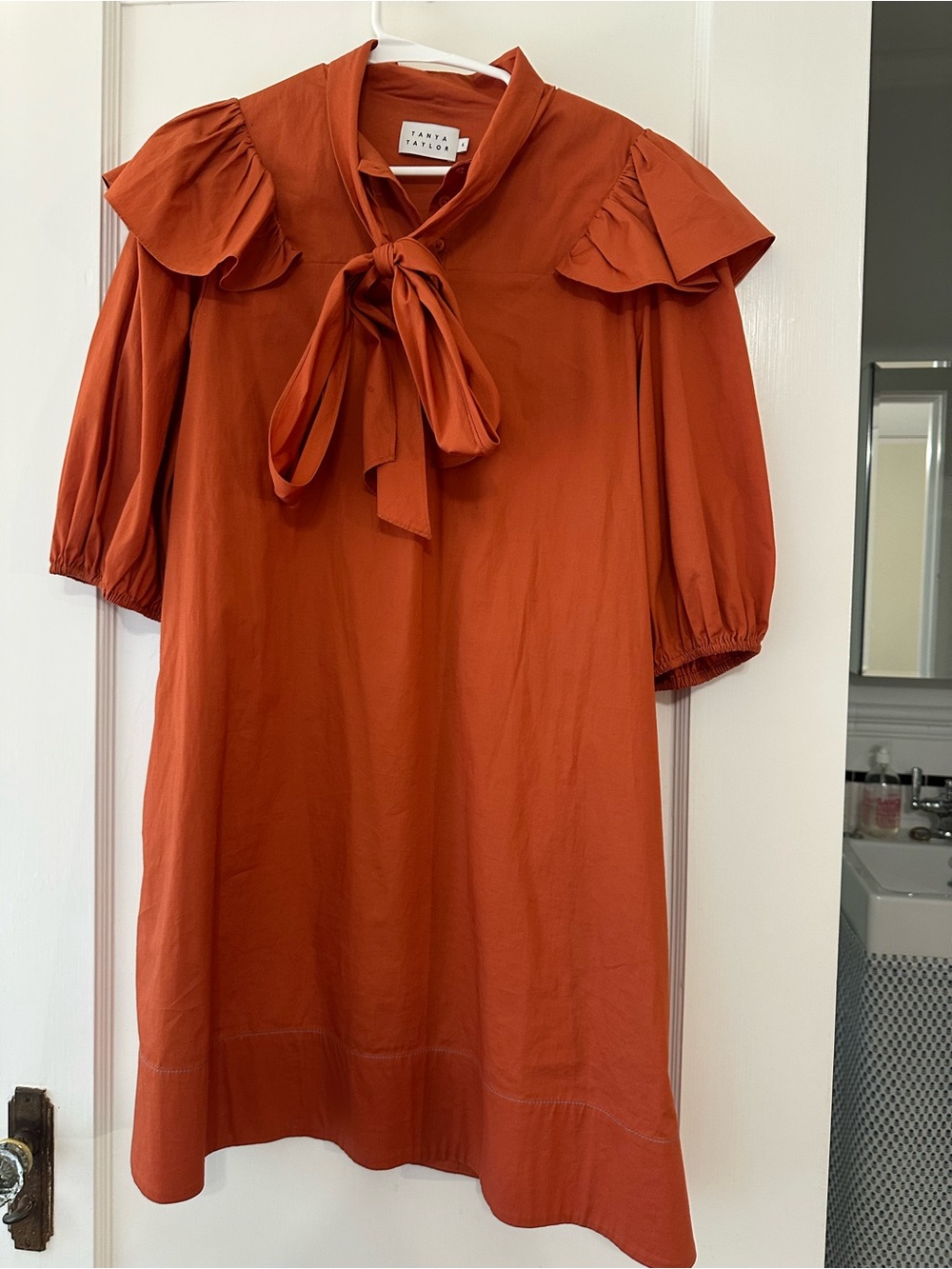Tanya Taylor Rust Bow-Front Puff Sleeve Shift Dress